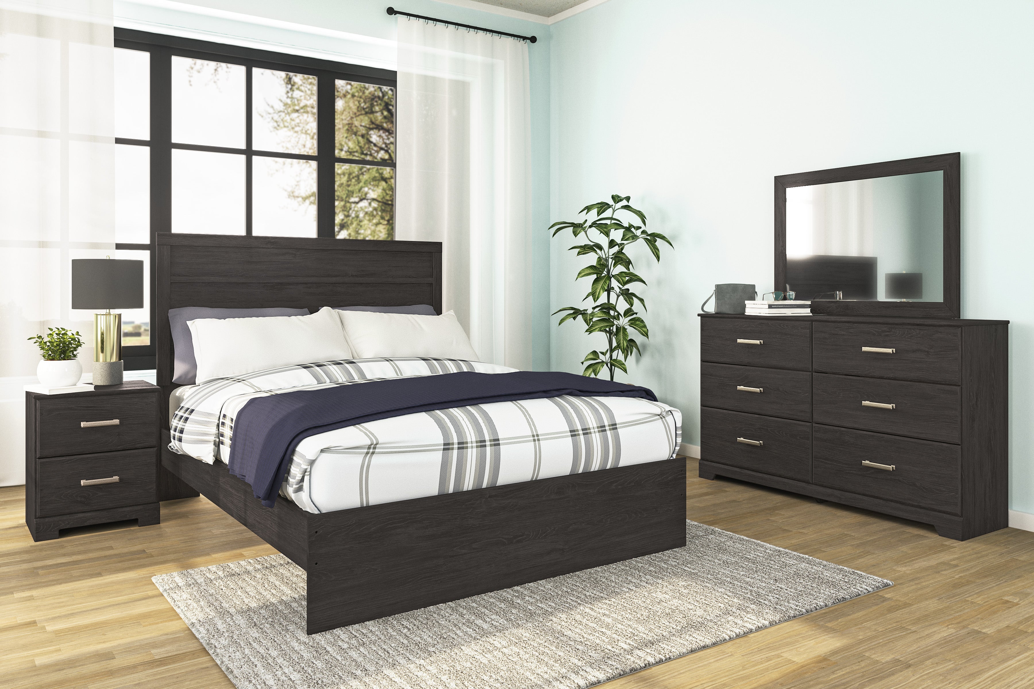 Belachime Full Panel Bed with Mirrored Dresser