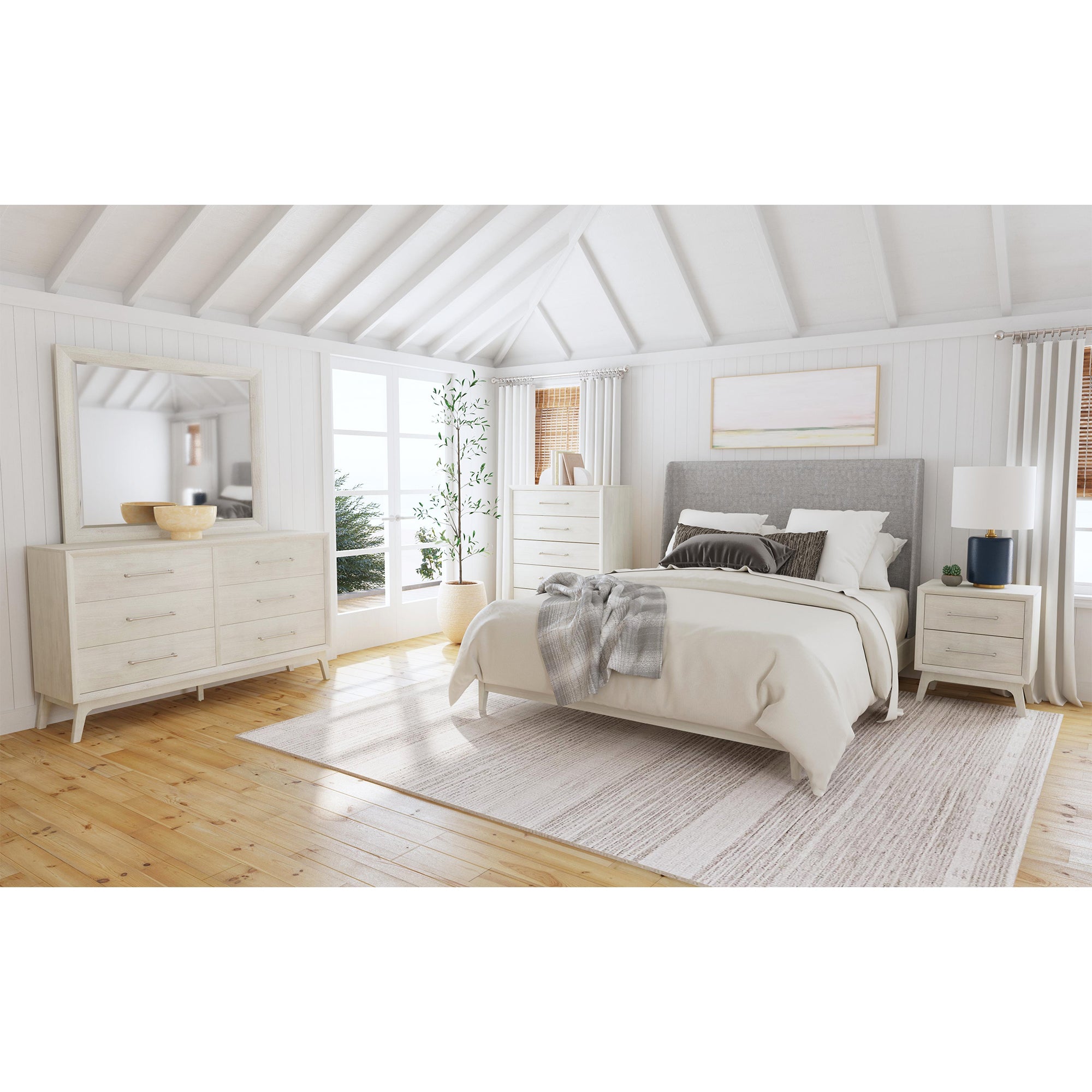 Westland King Upholstered Bed with Mirrored Dresser