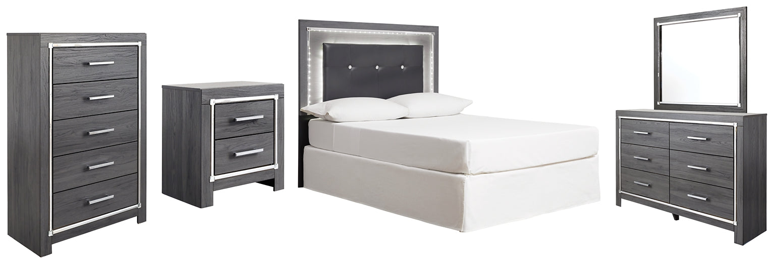Lodanna Full Upholstered Panel Headboard Bed with Mirrored Dresser, Chest and Nightstand
