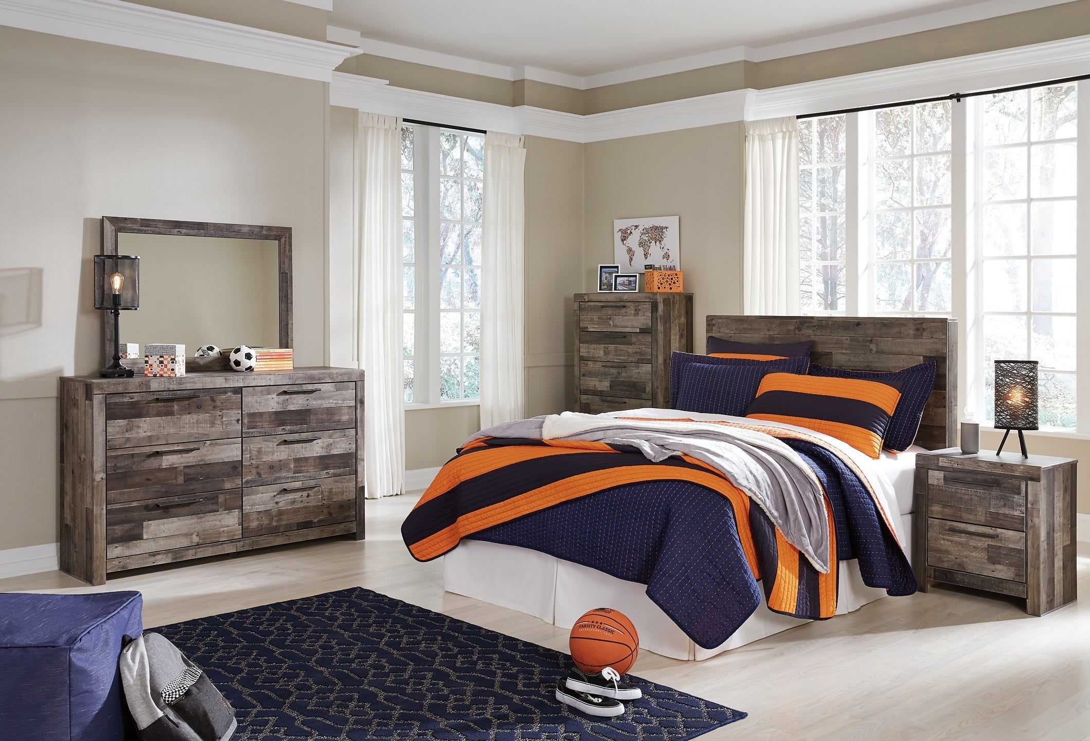 Derekson Full Panel Headboard Bed with Mirrored Dresser, Chest and Nightstand