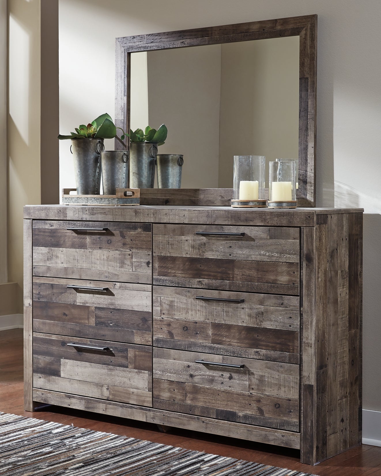Derekson Queen/Full Panel Headboard Bed with Mirrored Dresser