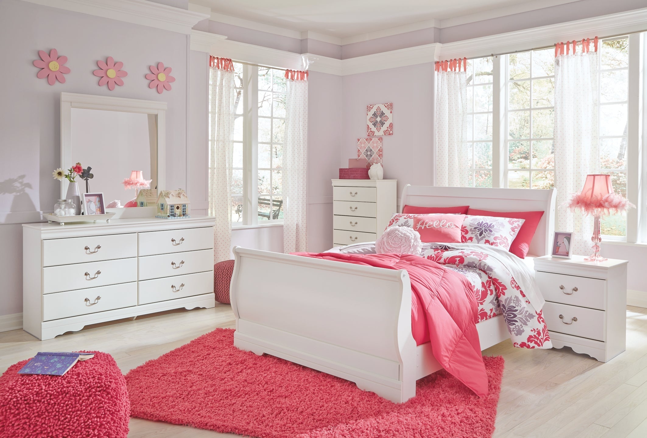Anarasia Full Sleigh Headboard Bed with Mirrored Dresser and Chest