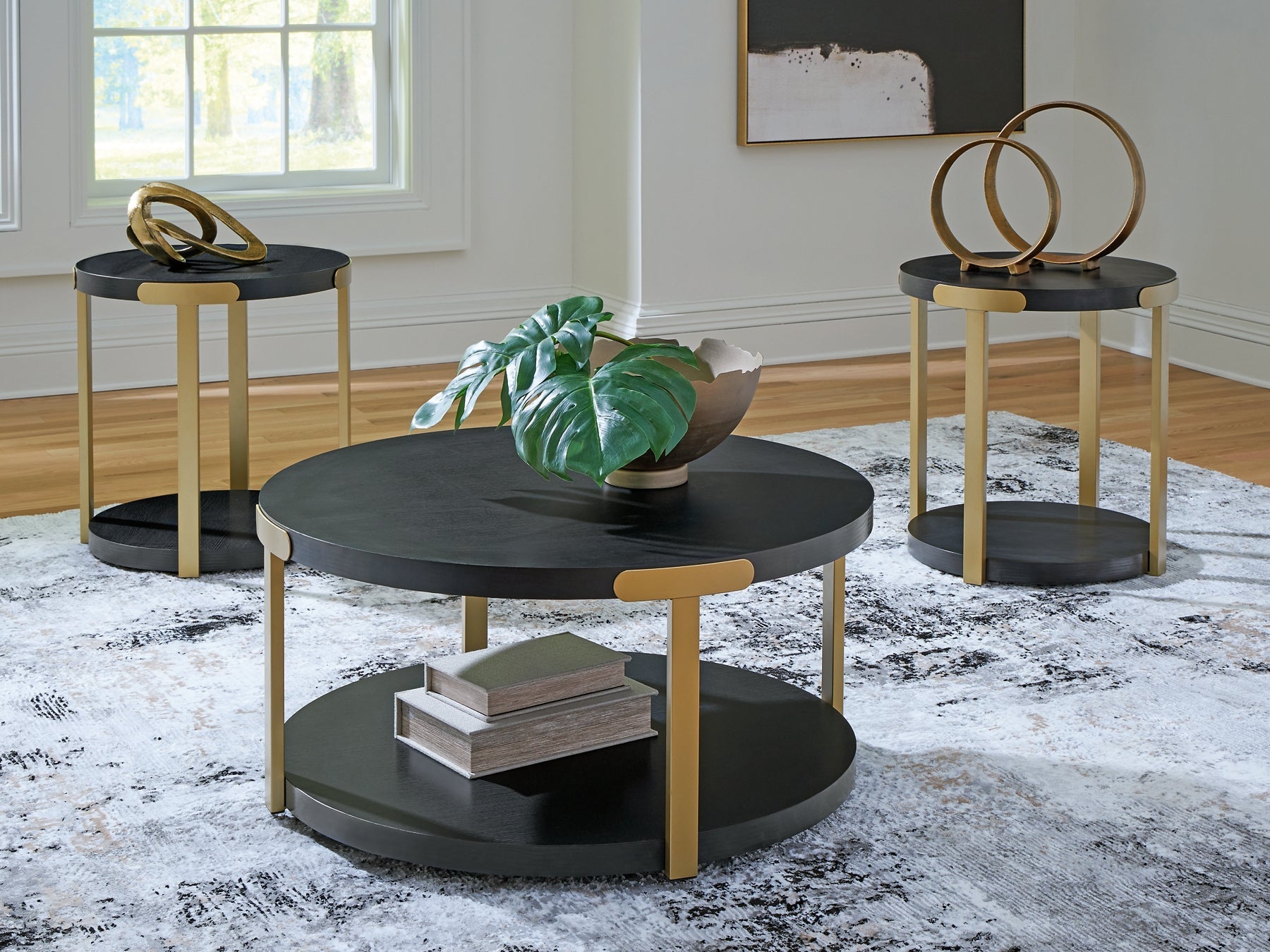 Shylore 3-Piece Table Set - Black/Brass Finish