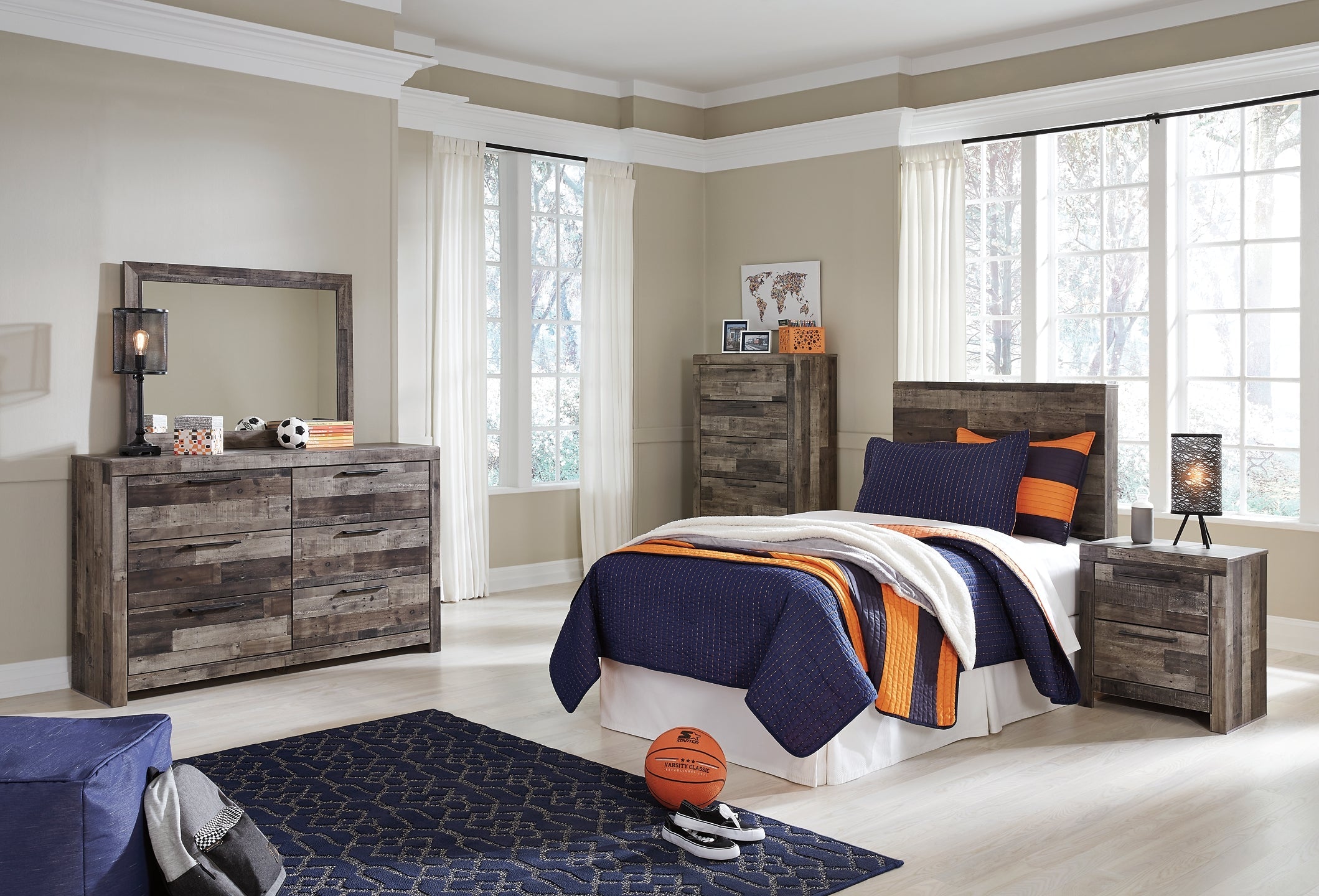 Derekson Twin Panel Headboard Bed with Mirrored Dresser, Chest and Nightstand
