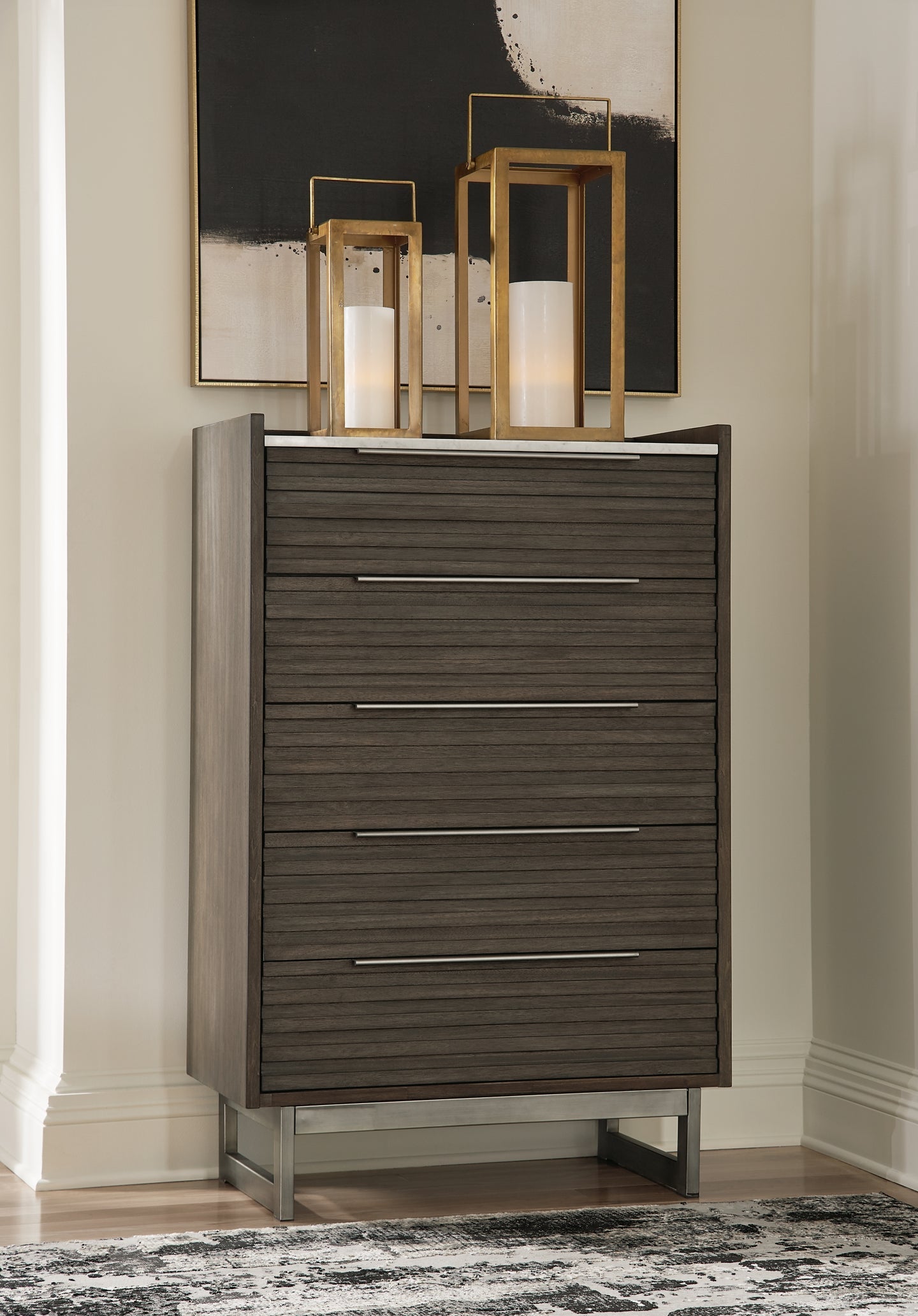 Arkenton California King Panel Bed with Mirrored Dresser, Chest and Nightstand