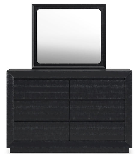 Londer California King Panel Bed with Mirrored Dresser and Chest
