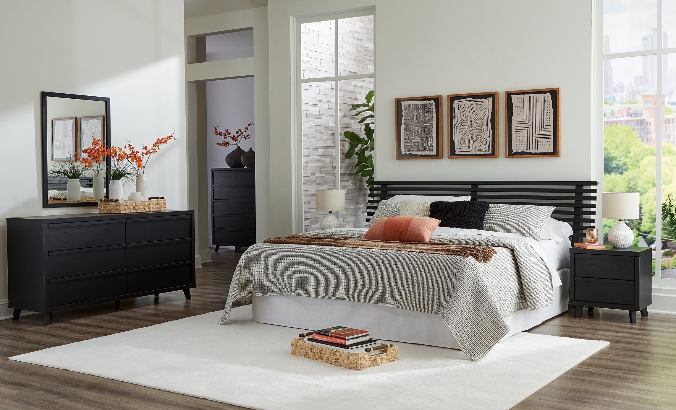 Danziar Queen Panel Headboard with Mirrored Dresser, Chest and Nightstand