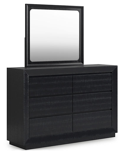 Londer California King Panel Bed with Mirrored Dresser and Nightstand
