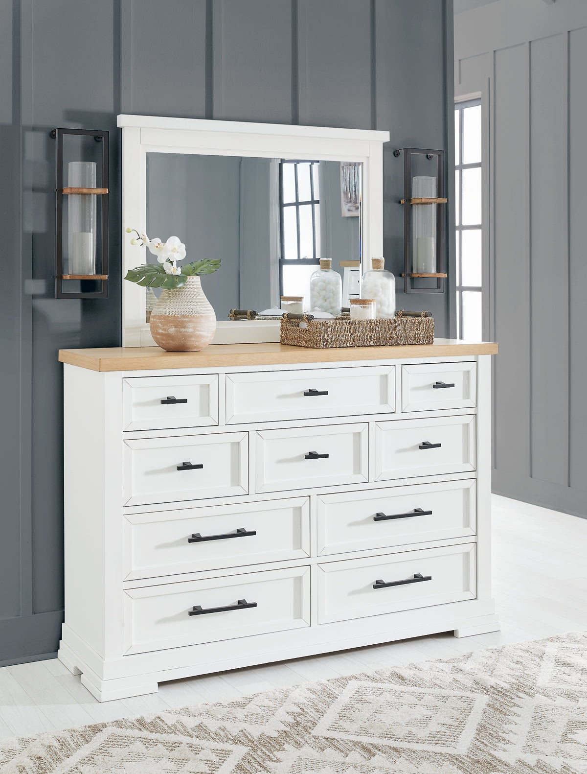 Ashbryn California King Panel Storage Bed with Mirrored Dresser and Nightstand