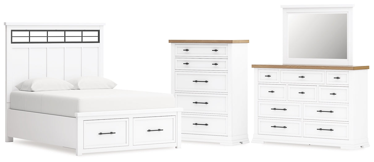 Ashbryn Queen Panel Storage Bed with Mirrored Dresser and Chest