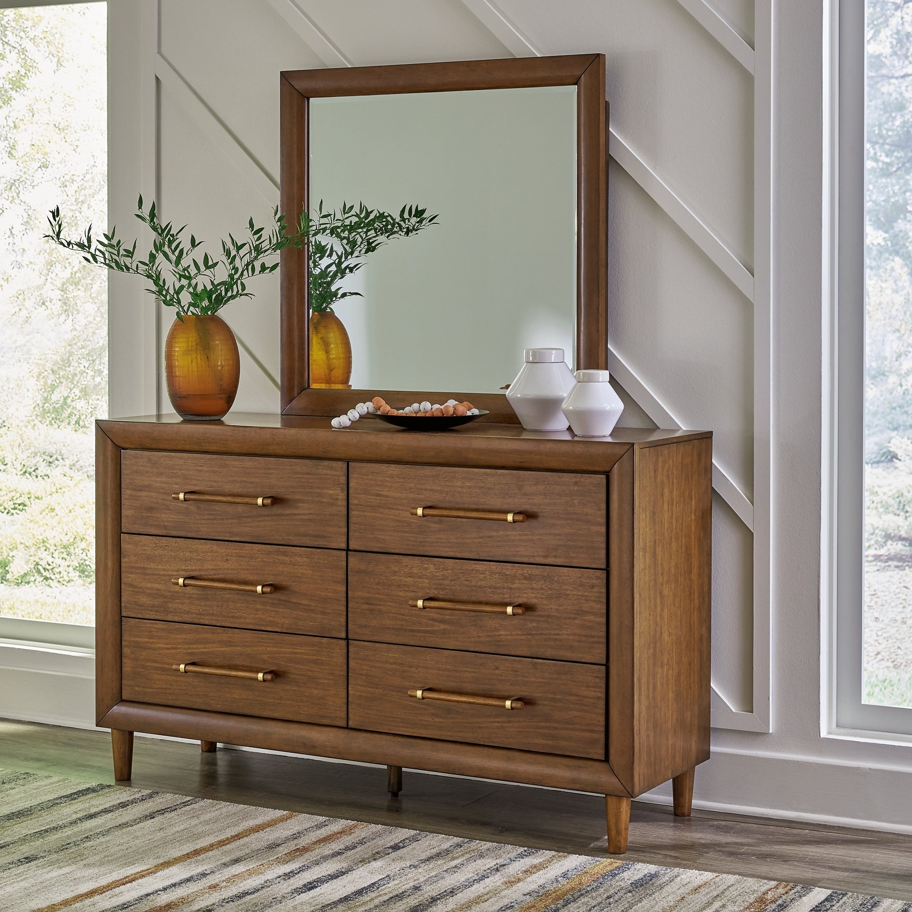 Lyncott California King Upholstered Bed with Mirrored Dresser, Chest and Nightstand