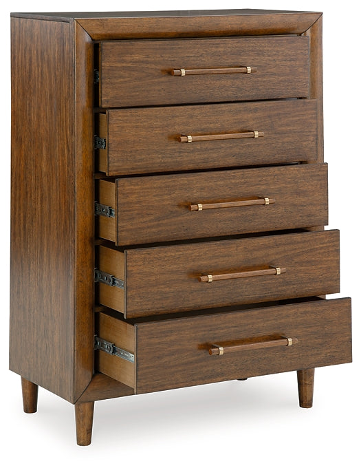 Lyncott California King Upholstered Bed with Mirrored Dresser and Chest