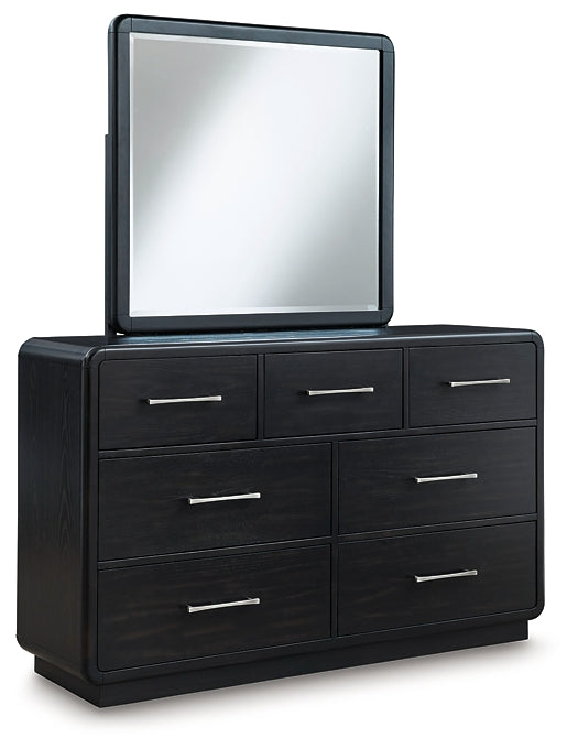 Rowanbeck King Upholstered Panel Bed with Mirrored Dresser and Nightstand