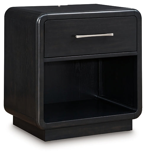 Rowanbeck King Upholstered Panel Bed with Mirrored Dresser and Nightstand