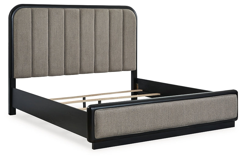 Rowanbeck King Upholstered Panel Bed with Mirrored Dresser, Chest and Nightstand