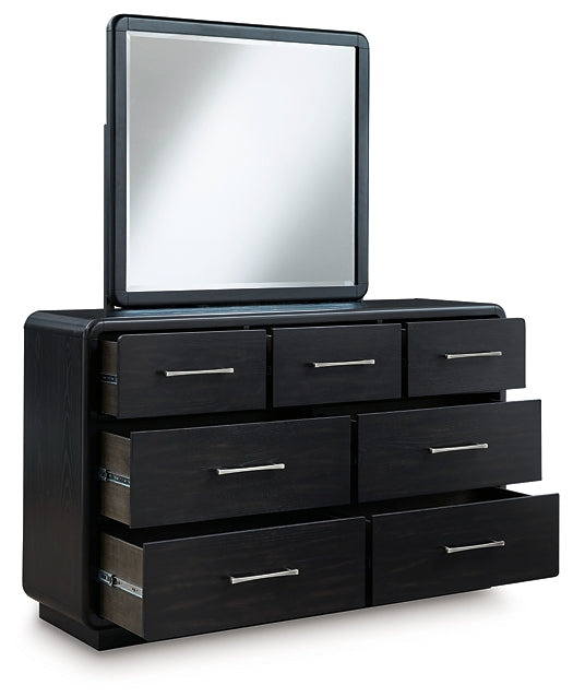 Rowanbeck California King Upholstered Panel Bed with Mirrored Dresser and Nightstand