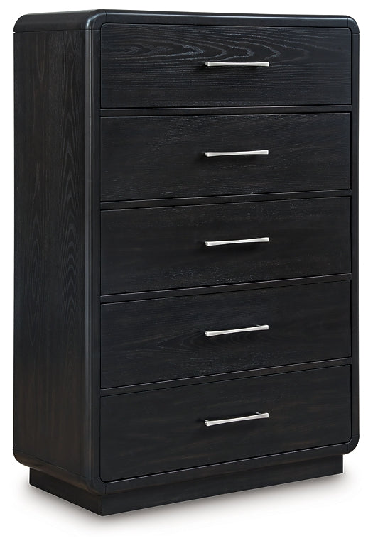 Rowanbeck California King Upholstered Panel Bed with Mirrored Dresser, Chest and Nightstand