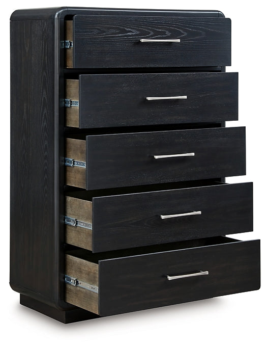 Rowanbeck California King Upholstered Panel Bed with Mirrored Dresser, Chest and Nightstand