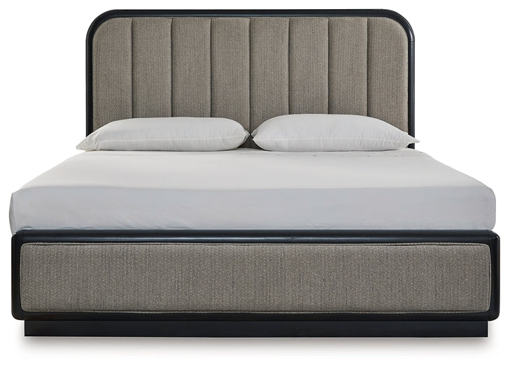 Rowanbeck California King Upholstered Panel Bed with Mirrored Dresser, Chest and Nightstand