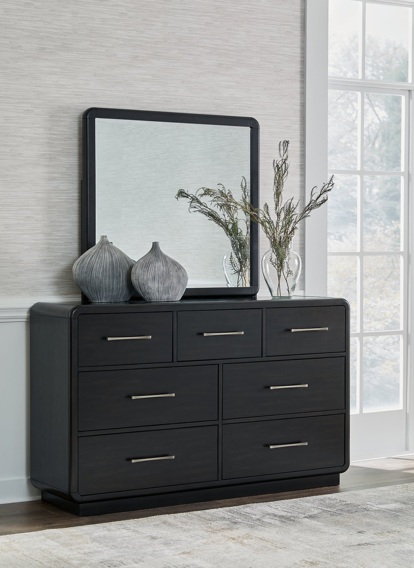 Rowanbeck California King Upholstered Panel Bed with Mirrored Dresser and Nightstand