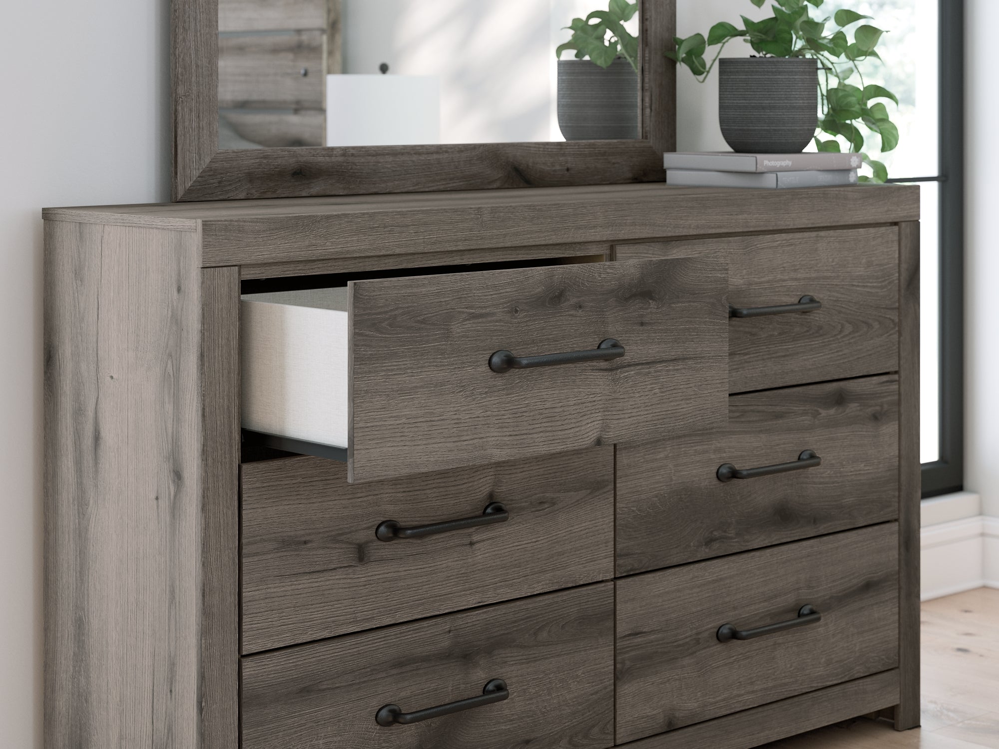 Graystorm King Panel Bed with Mirrored Dresser and Chest