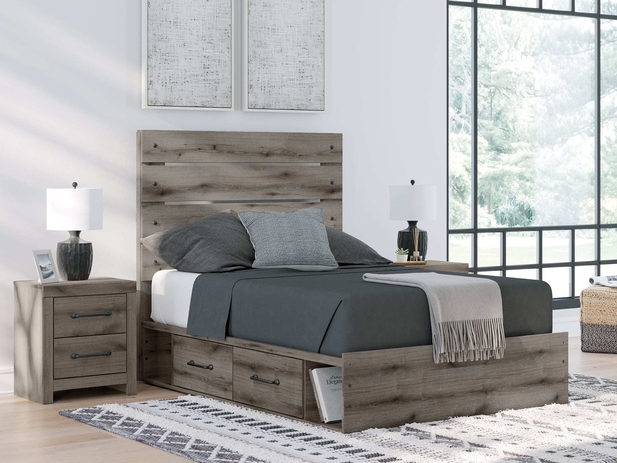 Graystorm Full Panel Bed with Storage with Mirrored Dresser and Chest