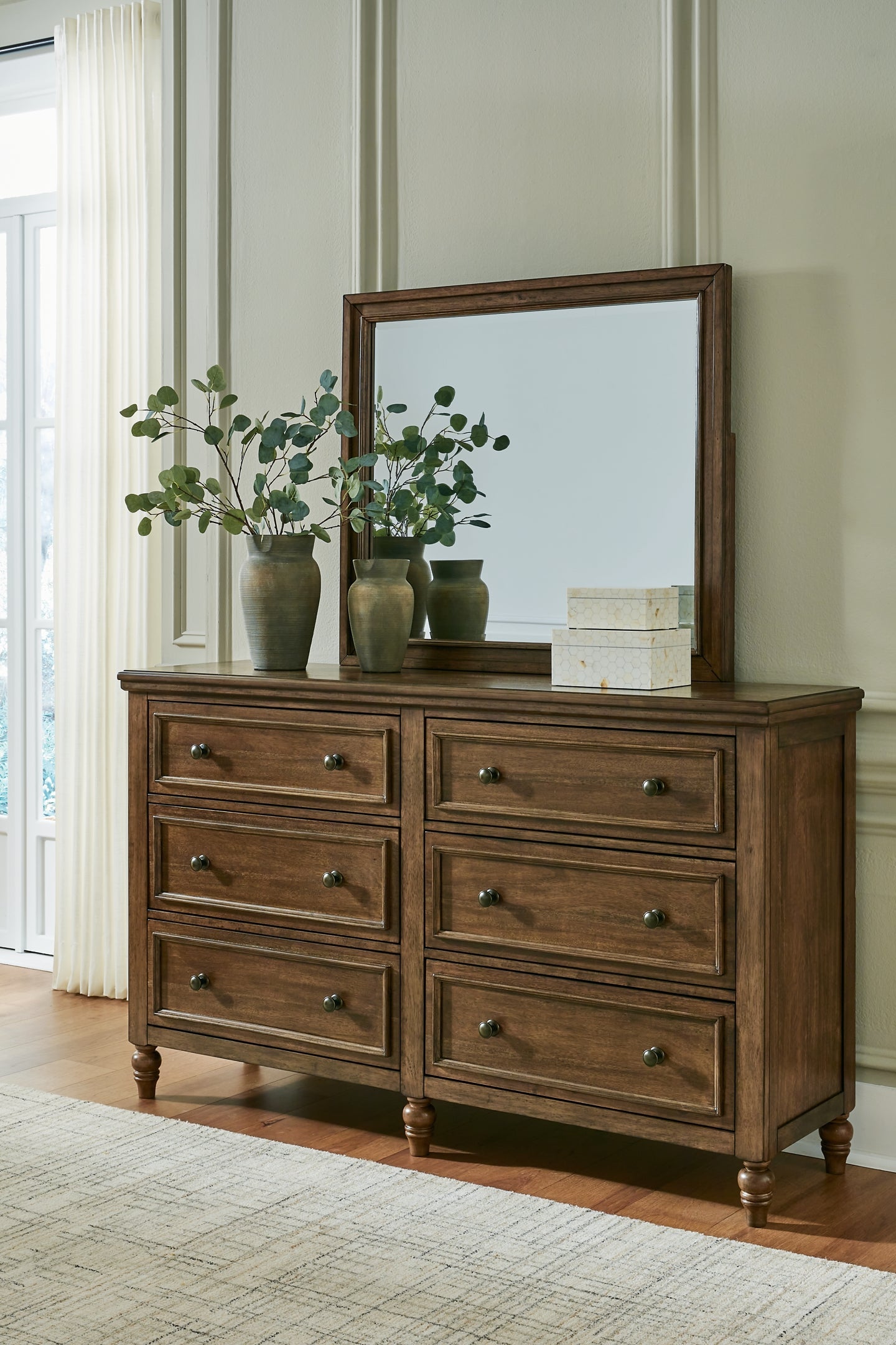 Sturlayne Queen Upholstered Panel Bed with Mirrored Dresser