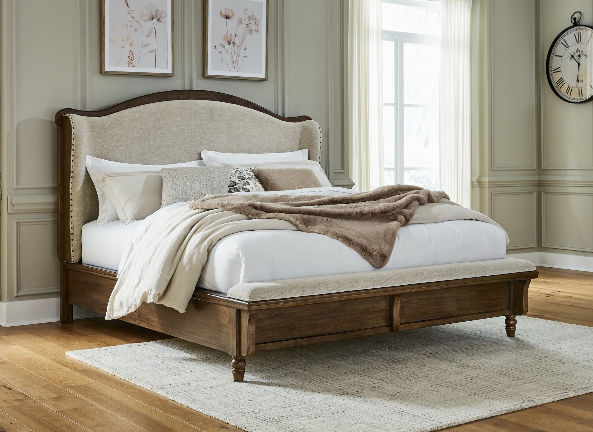 Sturlayne Queen Upholstered Panel Bed with Mirrored Dresser