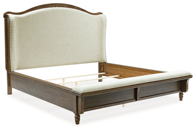 Sturlayne California King Upholstered Panel Bed with Mirrored Dresser and Chest