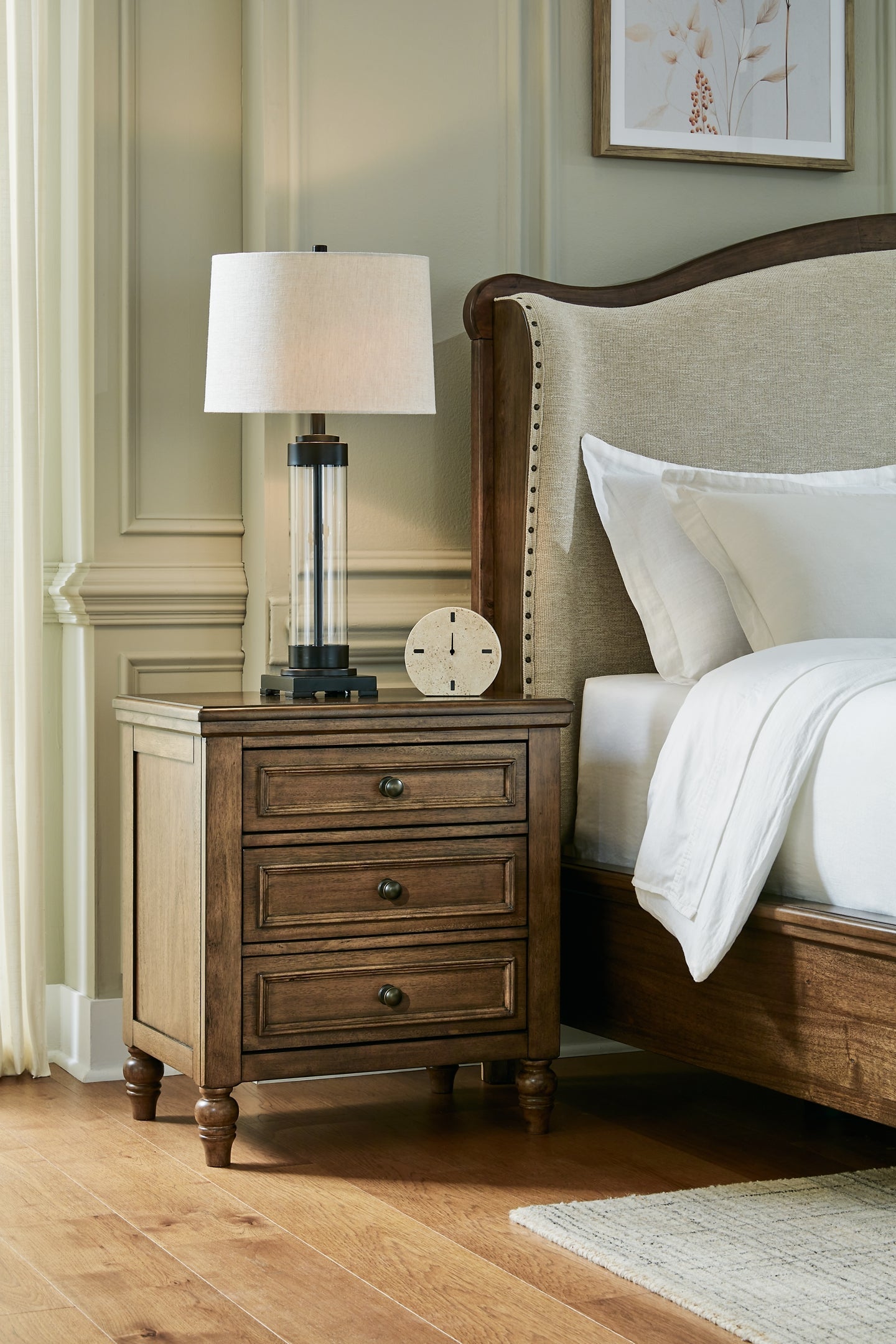 Sturlayne California King Upholstered Panel Bed with Mirrored Dresser, Chest and Nightstand