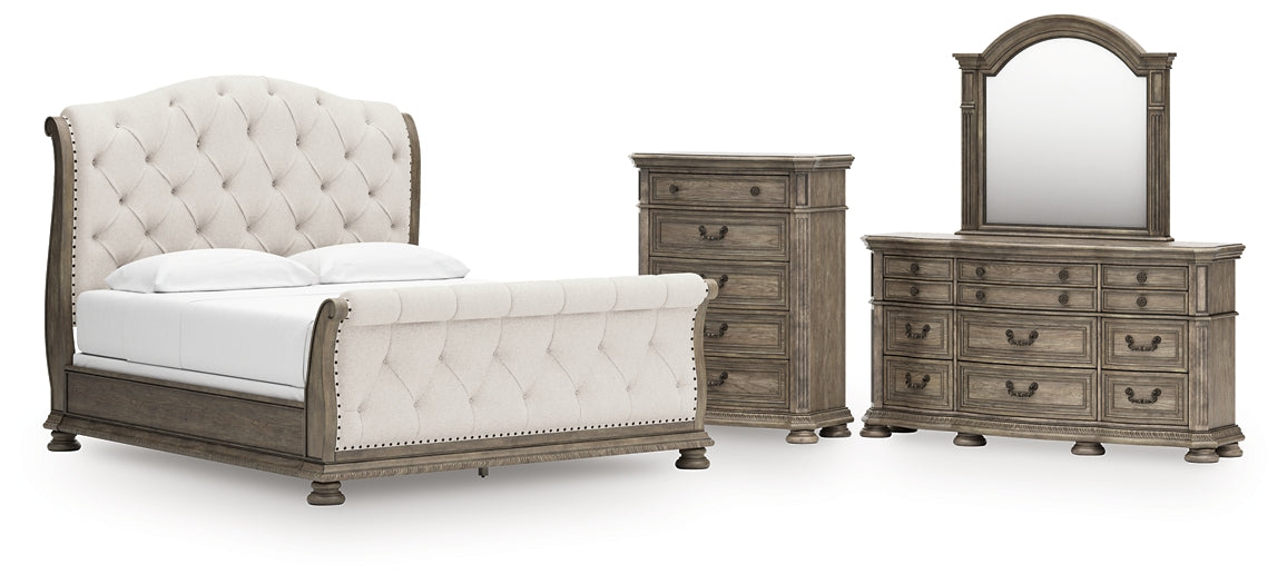 Ardenfield California King Upholstered Sleigh Bed with Mirrored Dresser and Chest