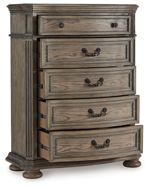 Ardenfield King Upholstered Sleigh Bed with Mirrored Dresser and Chest