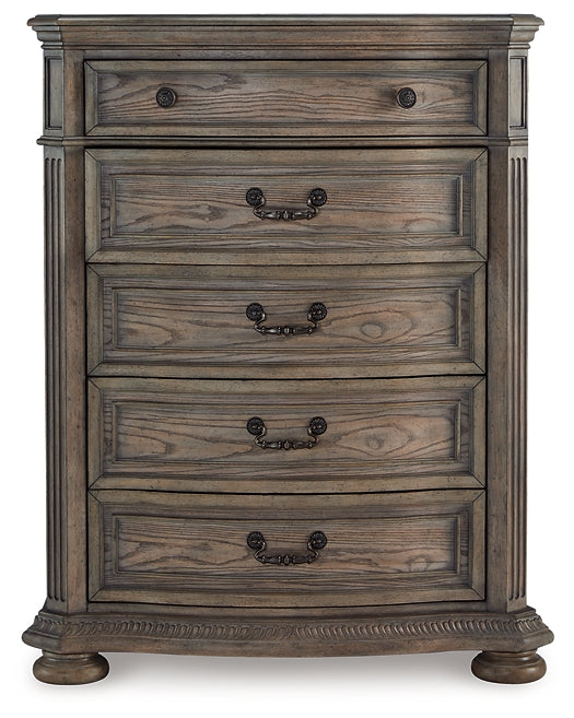 Ardenfield King Upholstered Sleigh Bed with Mirrored Dresser and Chest
