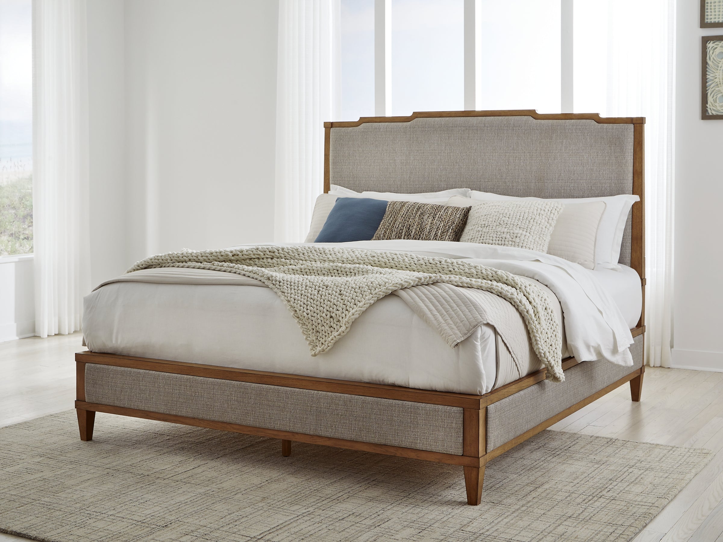 Sharlance California King Upholstered Panel Bed with Mirrored Dresser and Chest