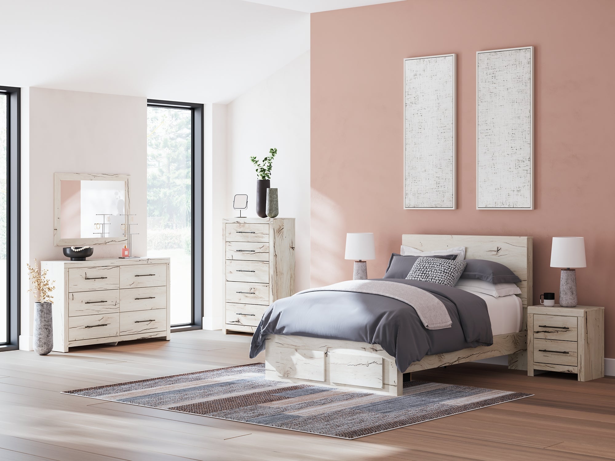 Lawroy Full Panel Storage Bed with Mirrored Dresser and Chest