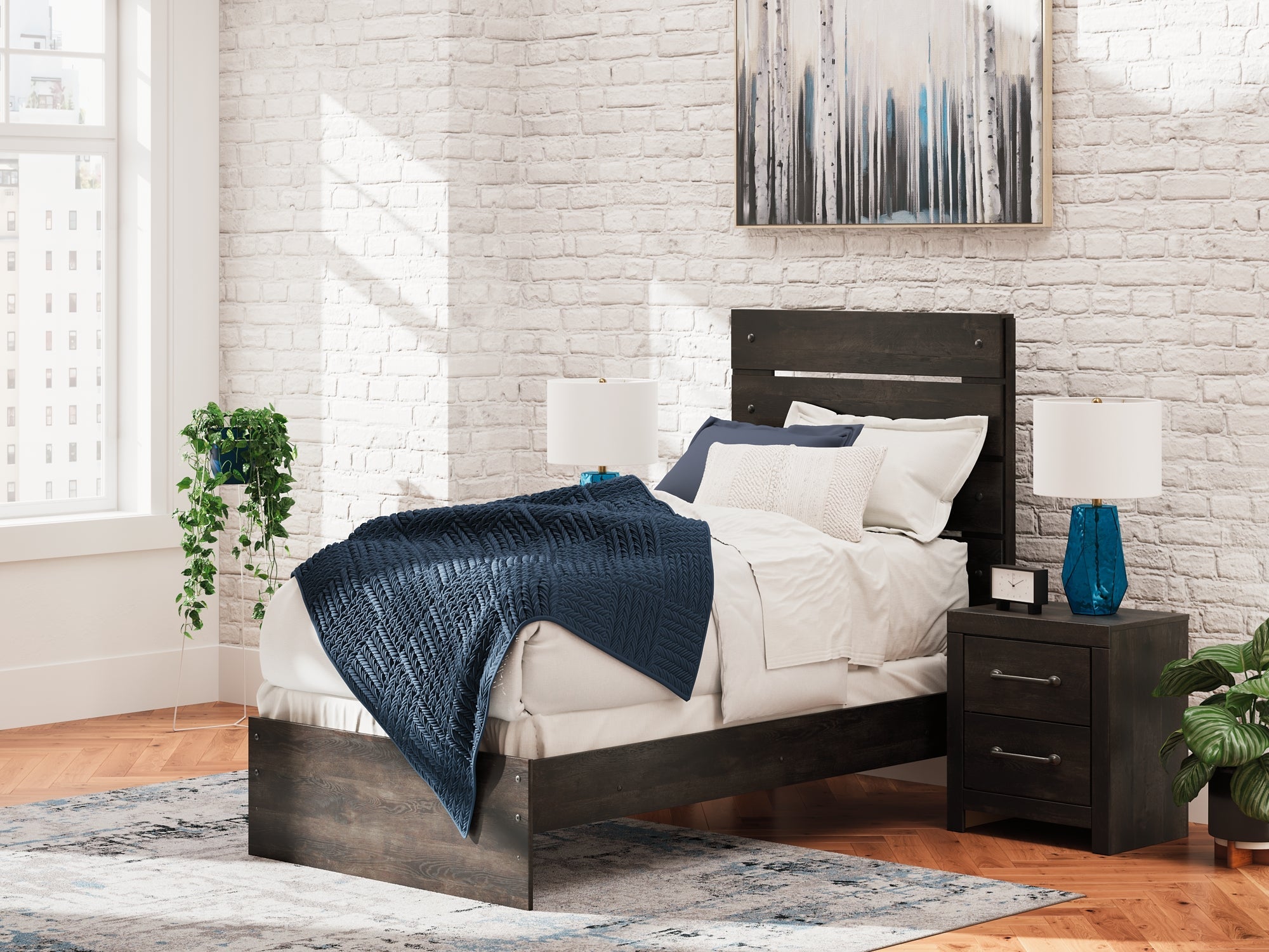 Hollivern Twin Panel Bed with Mirrored Dresser and Chest