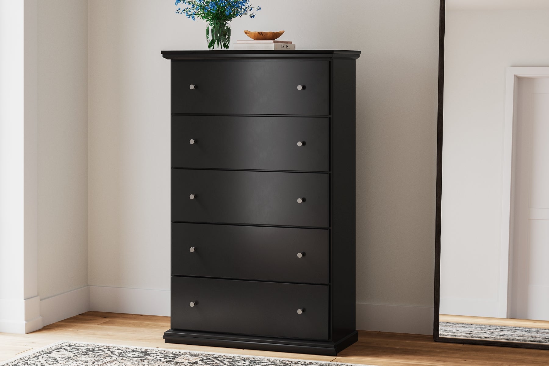 Maribel Queen Panel Bed with Mirrored Dresser and Chest