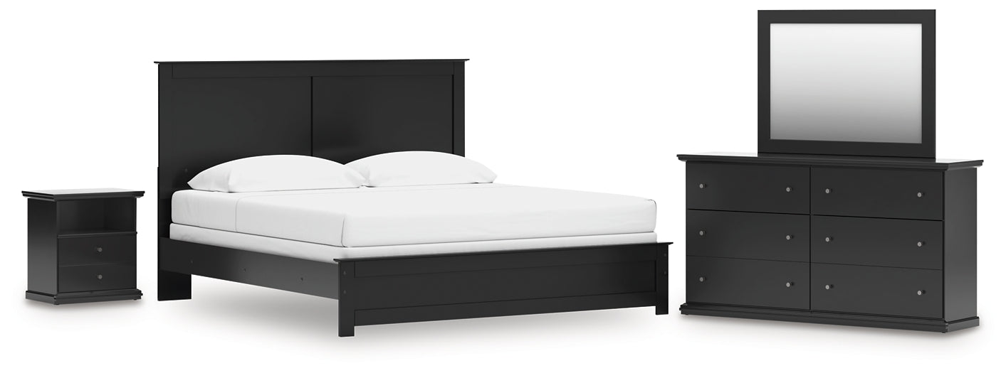 Maribel King Panel Bed with Mirrored Dresser and Nightstand
