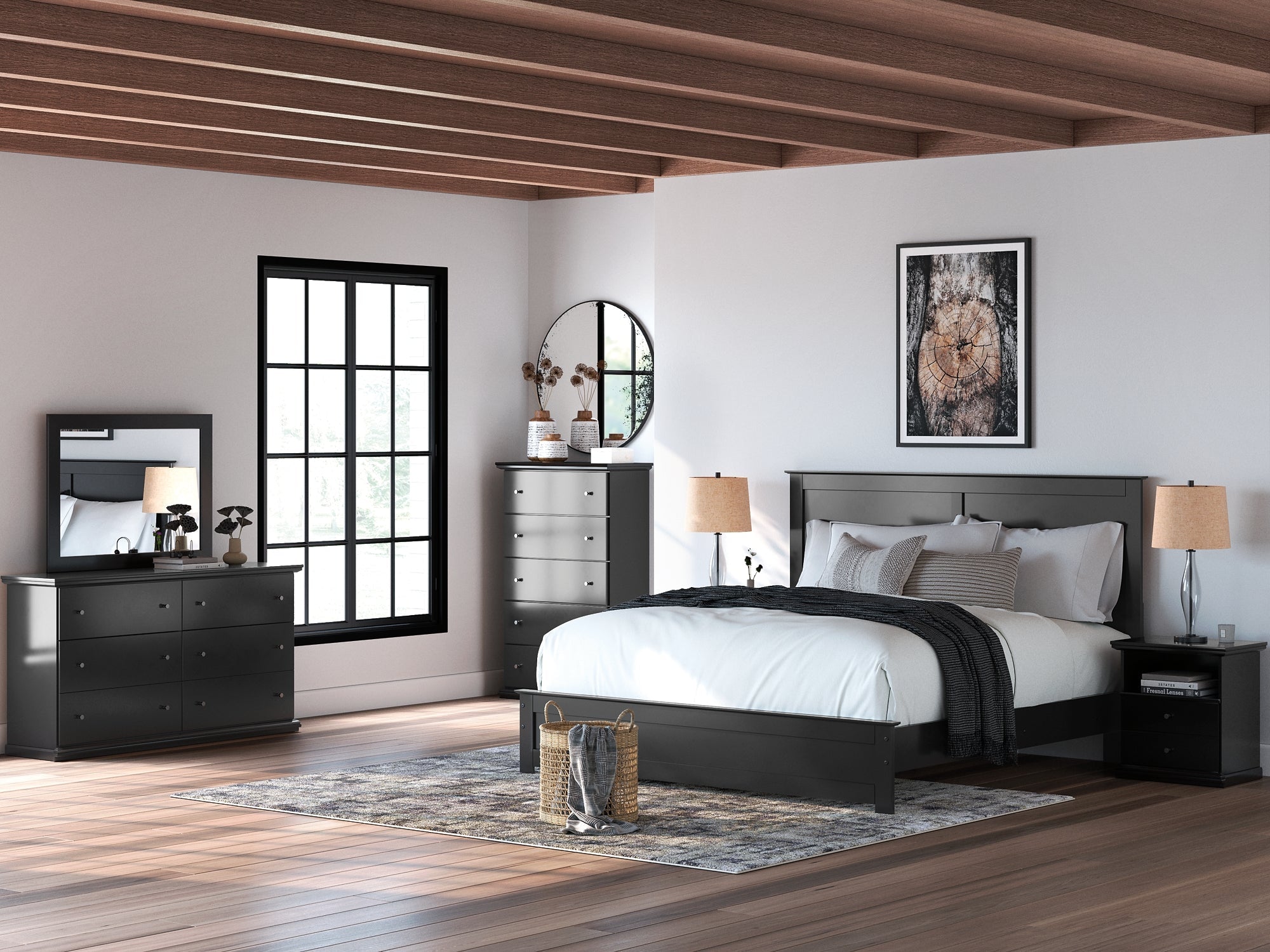 Maribel King Panel Bed with Mirrored Dresser and Nightstand