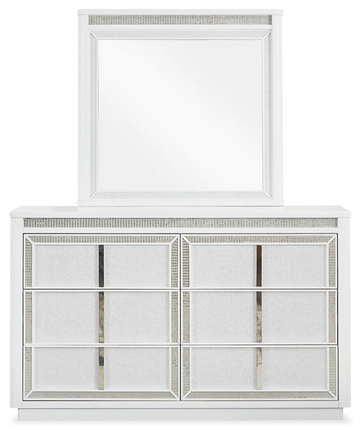 Chalanna California King Upholstered Storage Bed with Mirrored Dresser and Nightstand