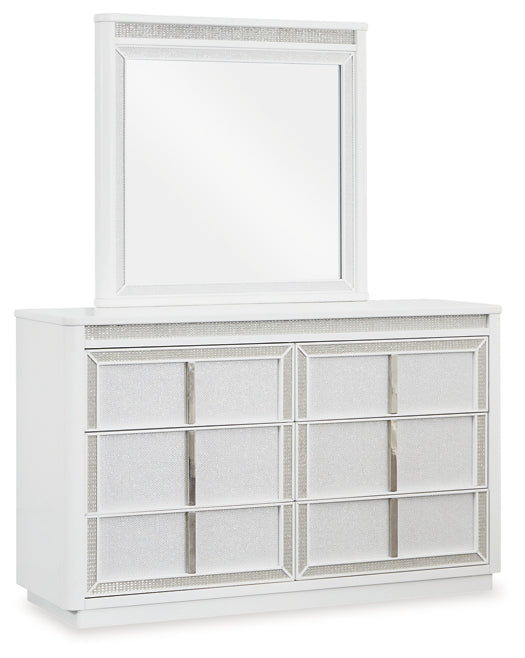 Chalanna California King Upholstered Storage Bed with Mirrored Dresser and Nightstand