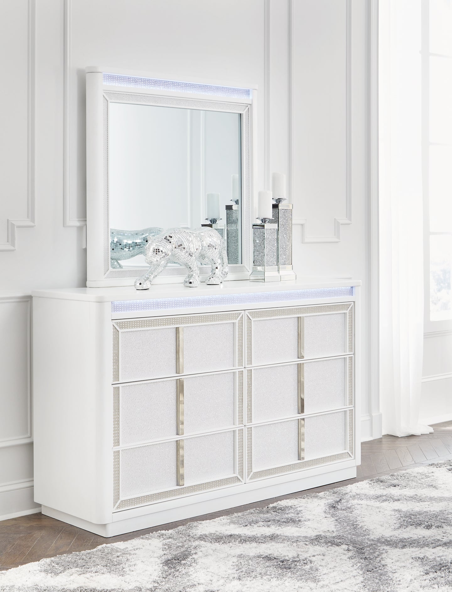 Chalanna California King Upholstered Storage Bed with Mirrored Dresser, Chest and Nightstand