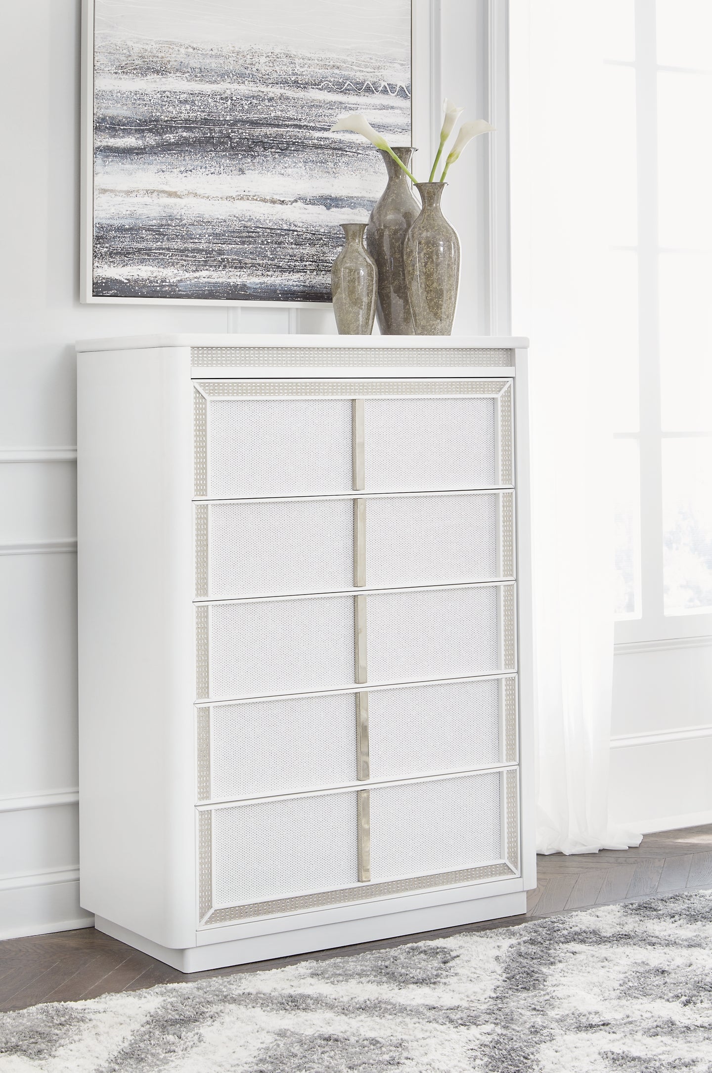 Chalanna California King Upholstered Storage Bed with Mirrored Dresser, Chest and Nightstand