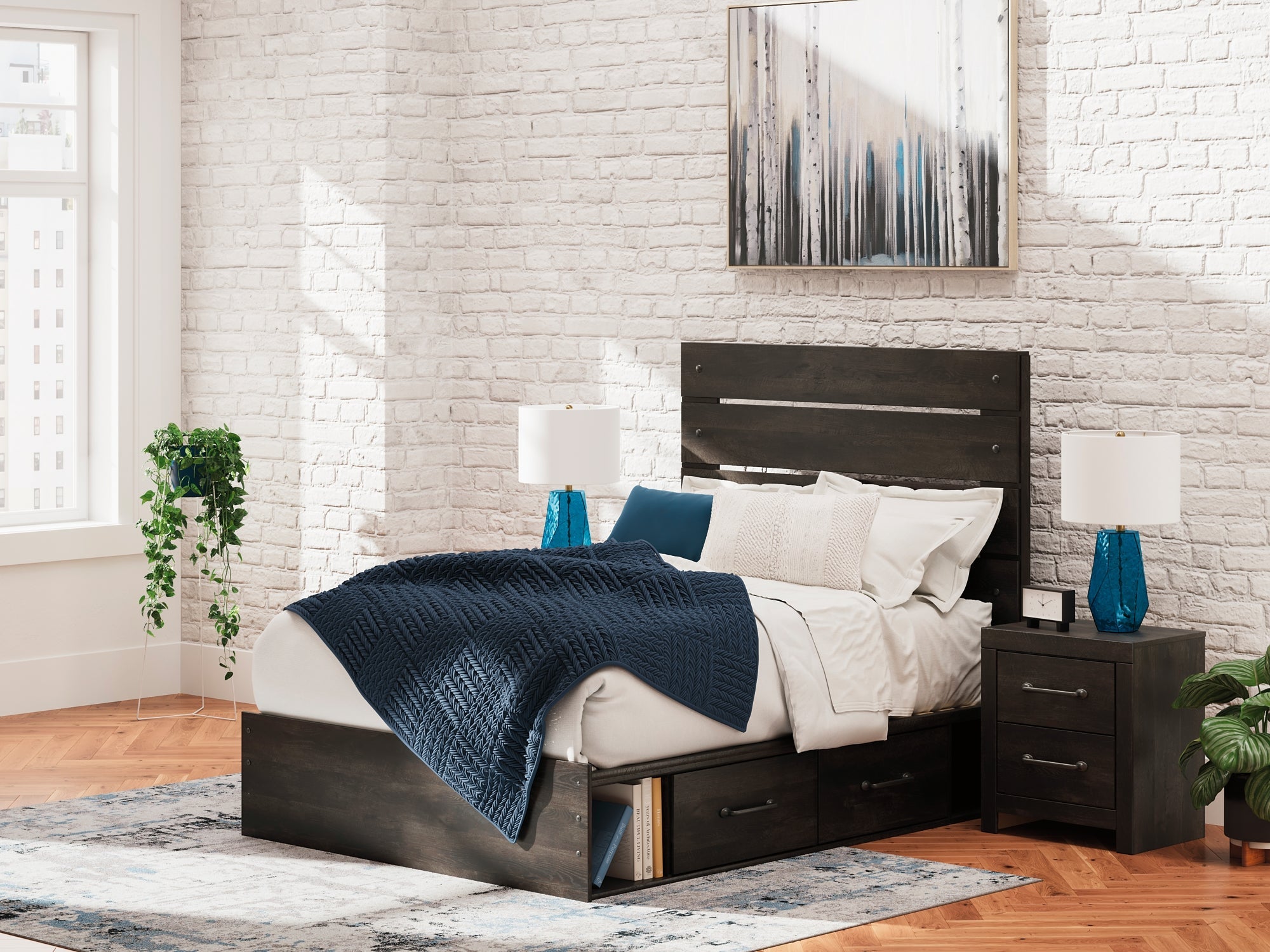 Hollivern Full Panel Bed with Storage with Mirrored Dresser