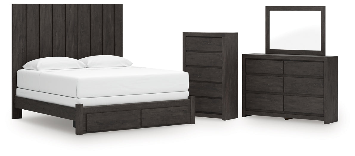 Fraluna King Panel Storage Bed with Mirrored Dresser and Chest
