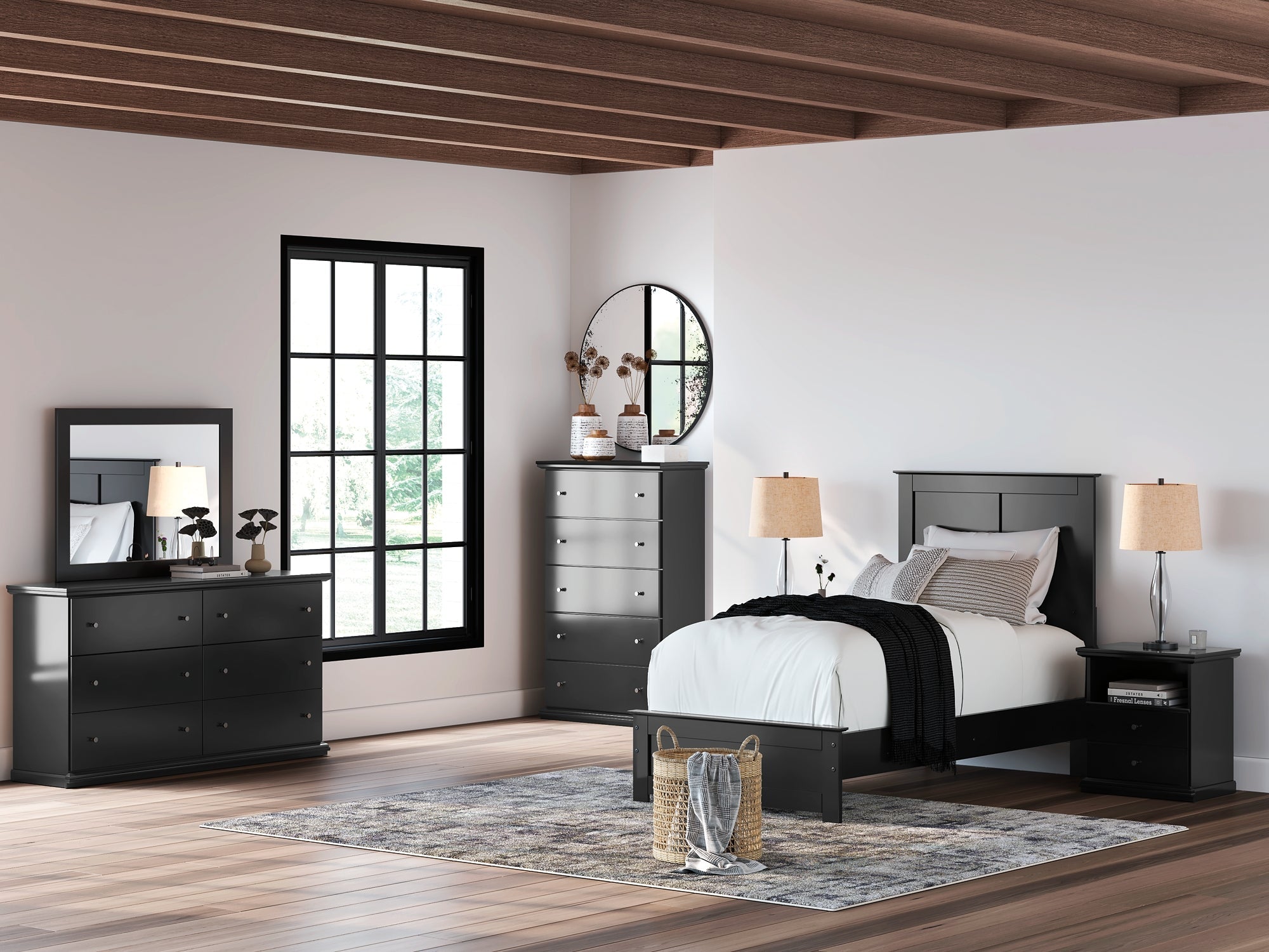 Maribel Twin Panel Bed with Mirrored Dresser and Nightstand