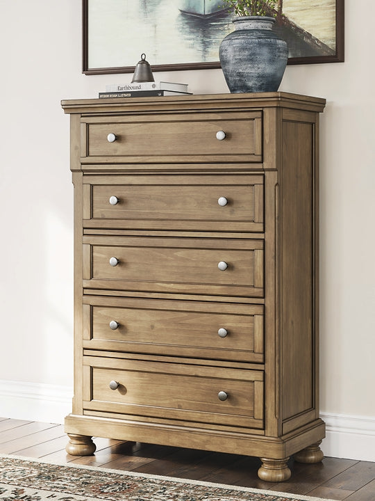 Feddinger California King Panel Bed with Mirrored Dresser, Chest and Nightstand