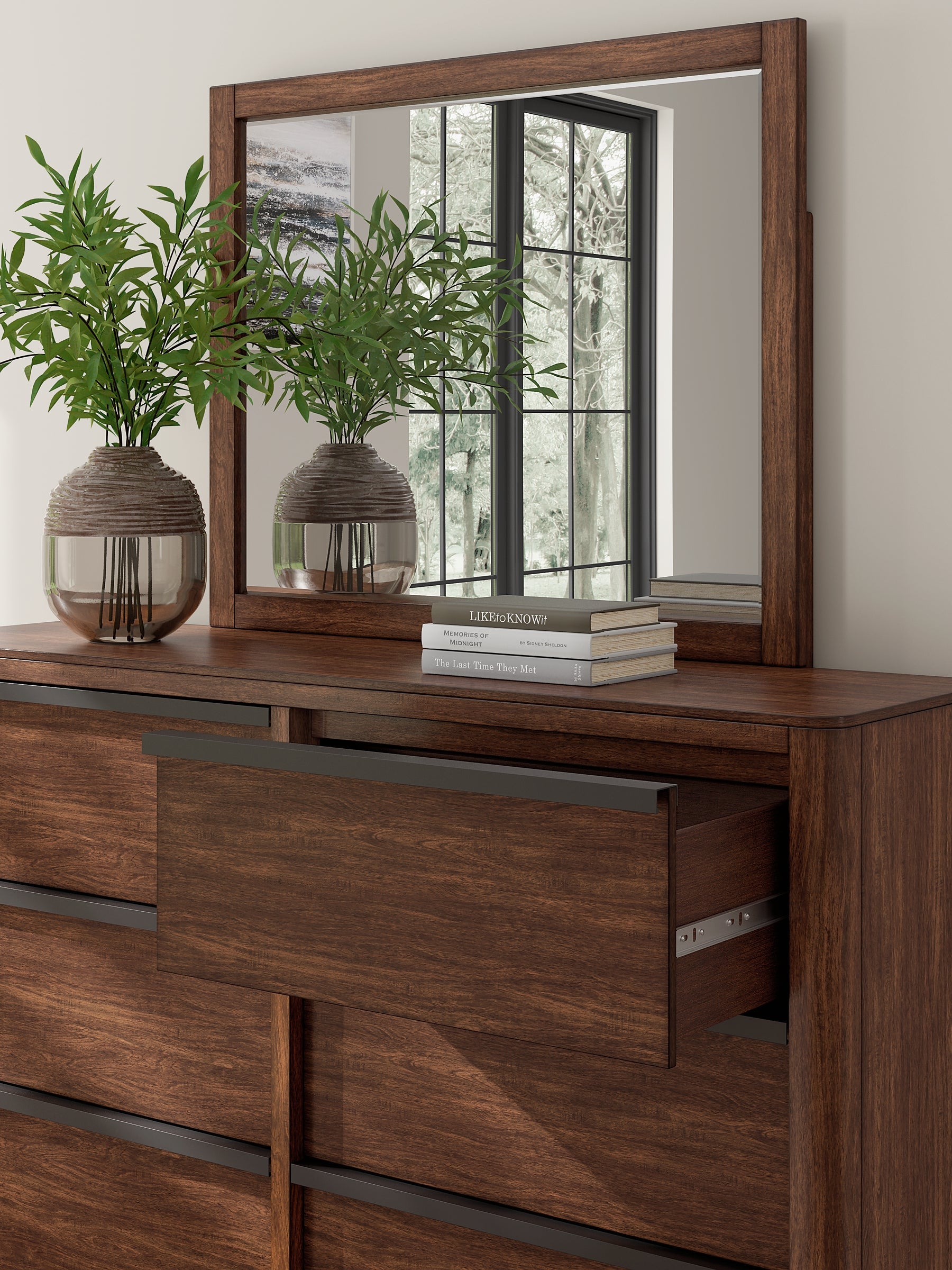 Dilenno Queen Canopy Bed with Mirrored Dresser and Nightstand