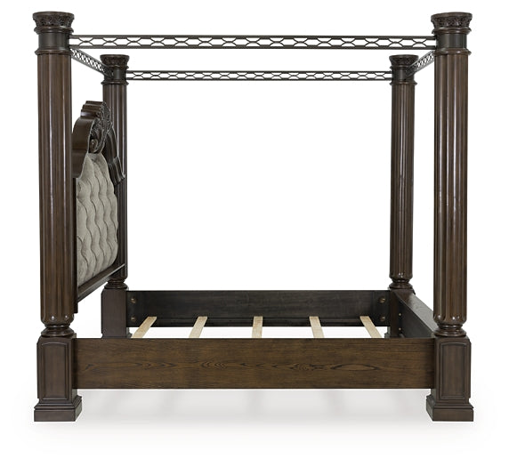 Maylee King Canopy Bed with Mirrored Dresser, Chest and Nightstand