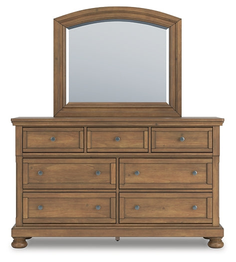Feddinger California King Storage Sleigh Bed with Mirrored Dresser and Chest